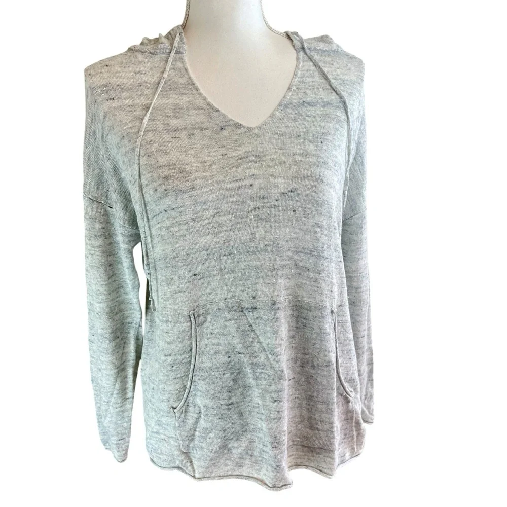 HAVEN WELL WITHIN Gray Linen Hoodie Hooded Sweater Sz M Beach Casual Sheer Light